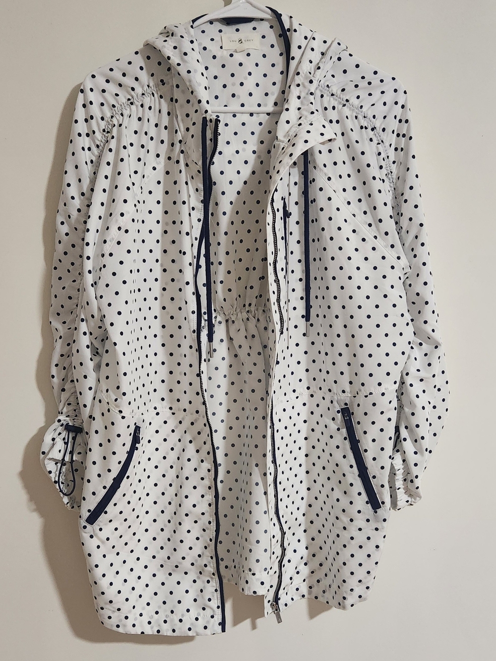 Lou & Grey White Hooded Utility Jacket with Navy Polka Dots